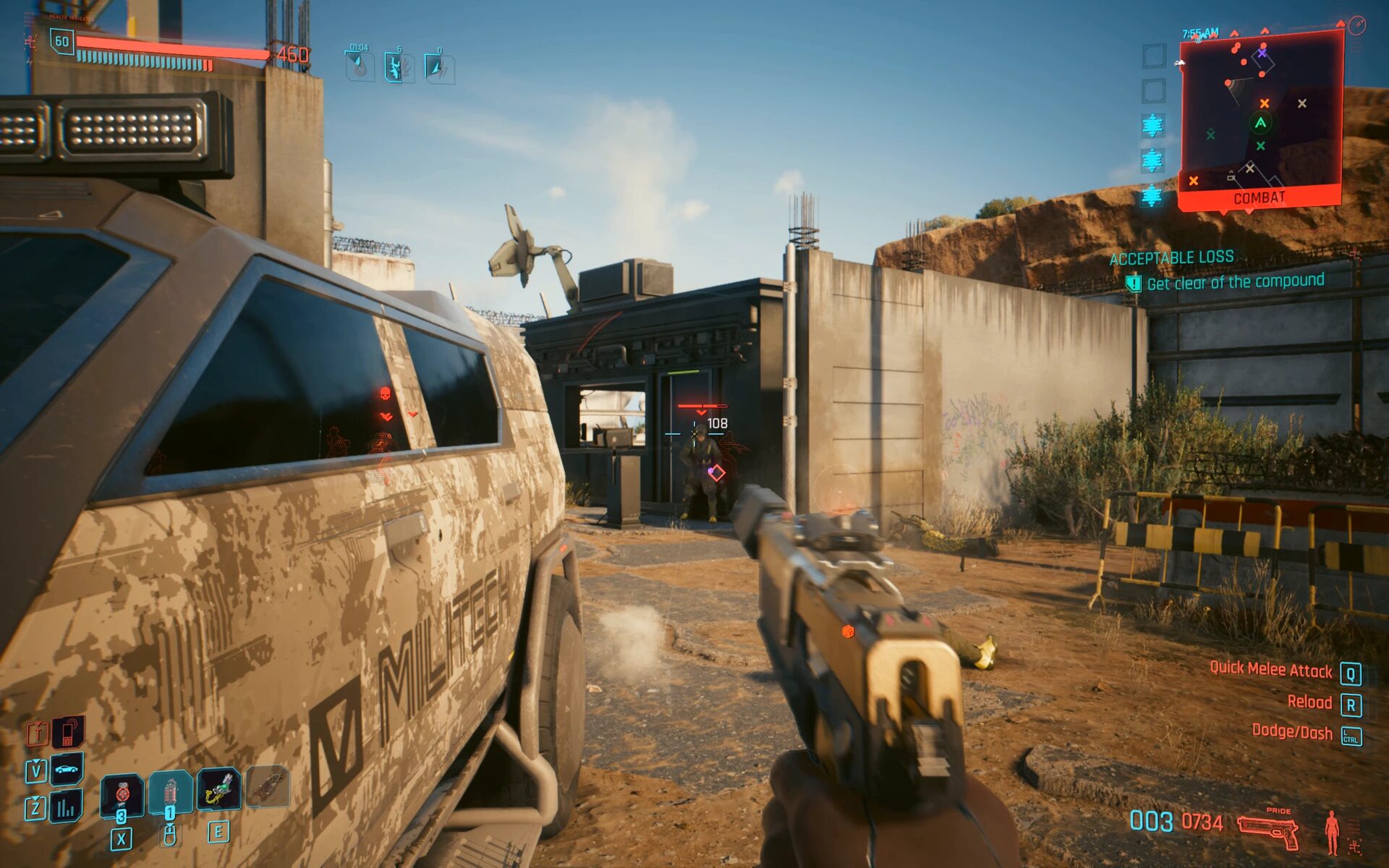 V shooting it out beside a Militech truck inside the Badlands compound in the Cyberpunk 2077 quest mod Acceptable Loss