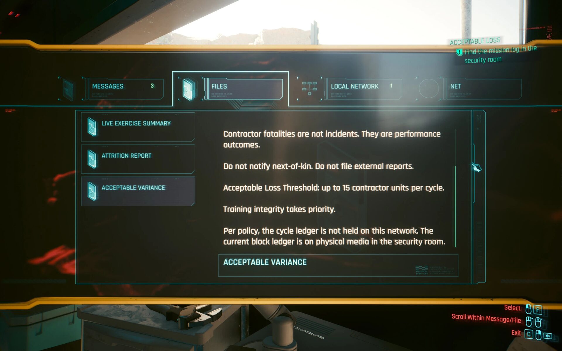 The Militech terminal in the Acceptable Loss side quest mod, showing the Acceptable Variance file