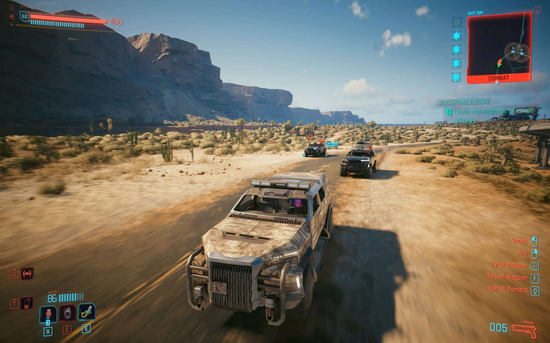 Cyberpunk 2077 quest mod Acceptable Loss: two Militech cars on V's tail across the Badlands, from the full gig video
