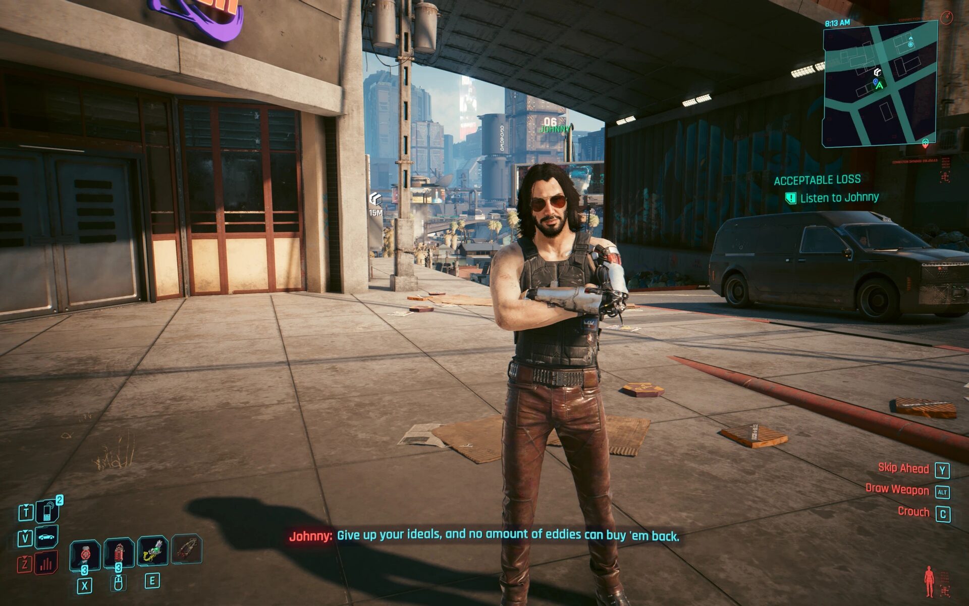 Johnny Silverhand outside V's apartment in the Acceptable Loss quest mod, telling V that no amount of eddies buys ideals back
