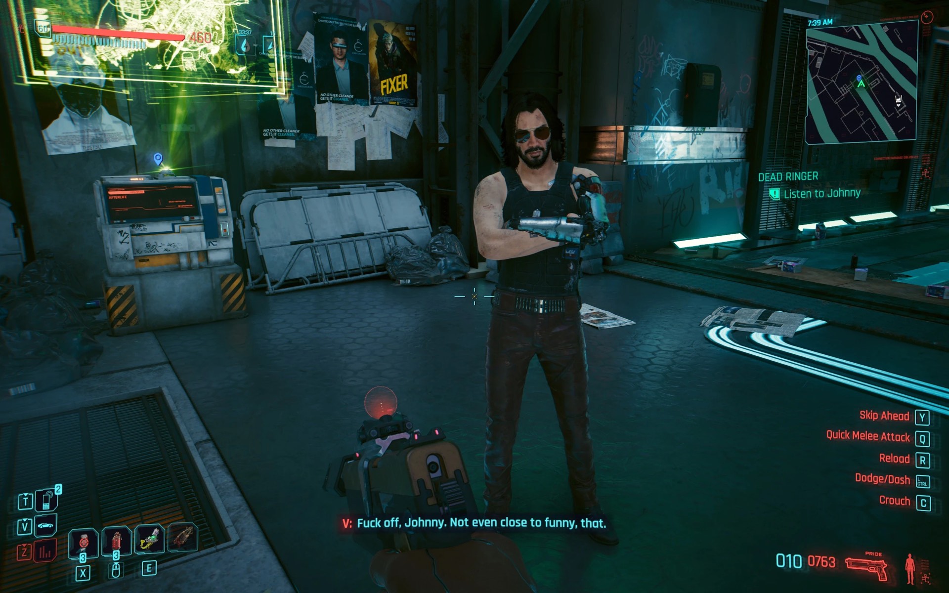 Johnny Silverhand talking to V outside Afterlife in the Cyberpunk 2077 quest mod Dead Ringer
