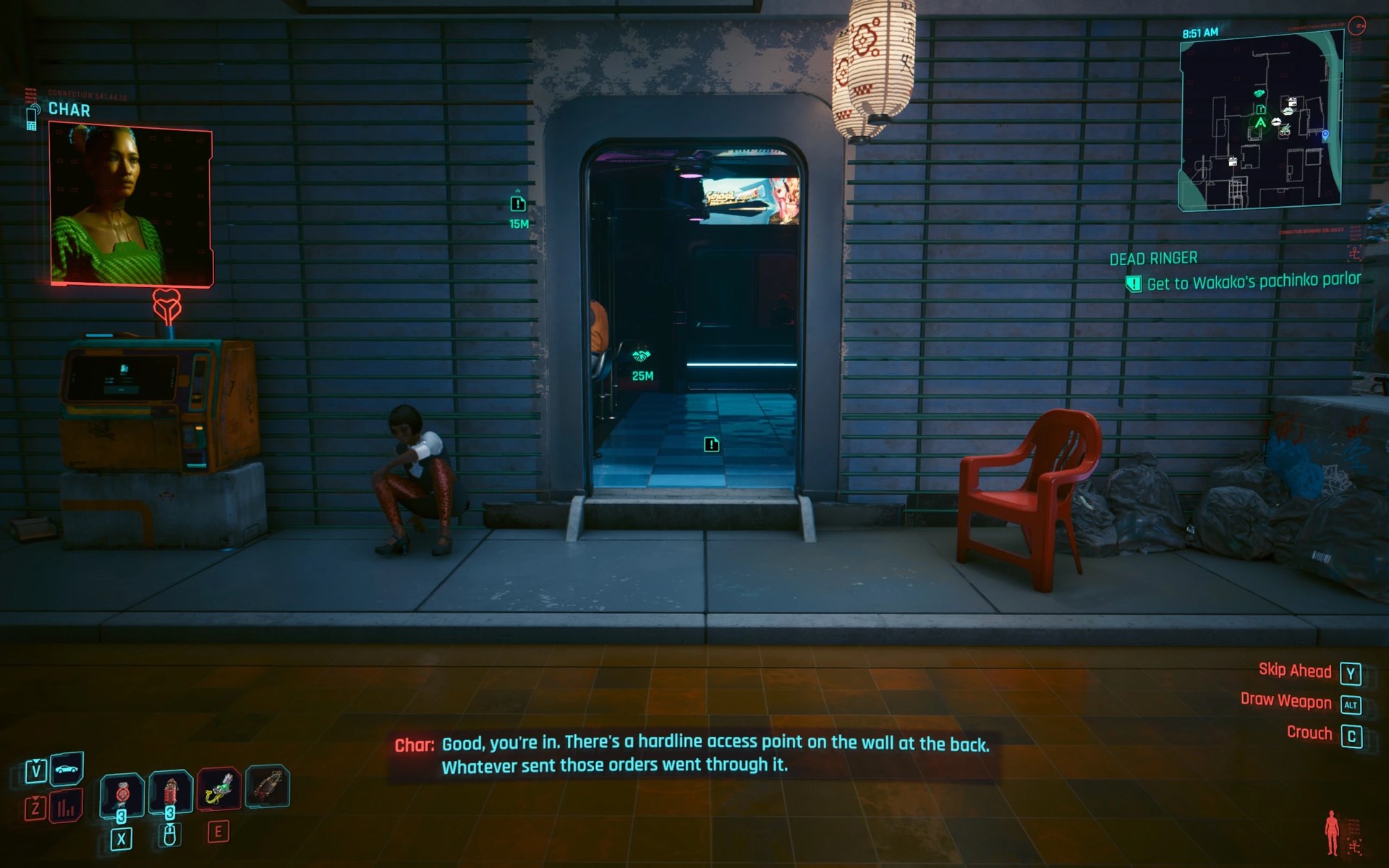 Char on a video holocall outside Wakako's pachinko parlor in the Dead Ringer side quest mod