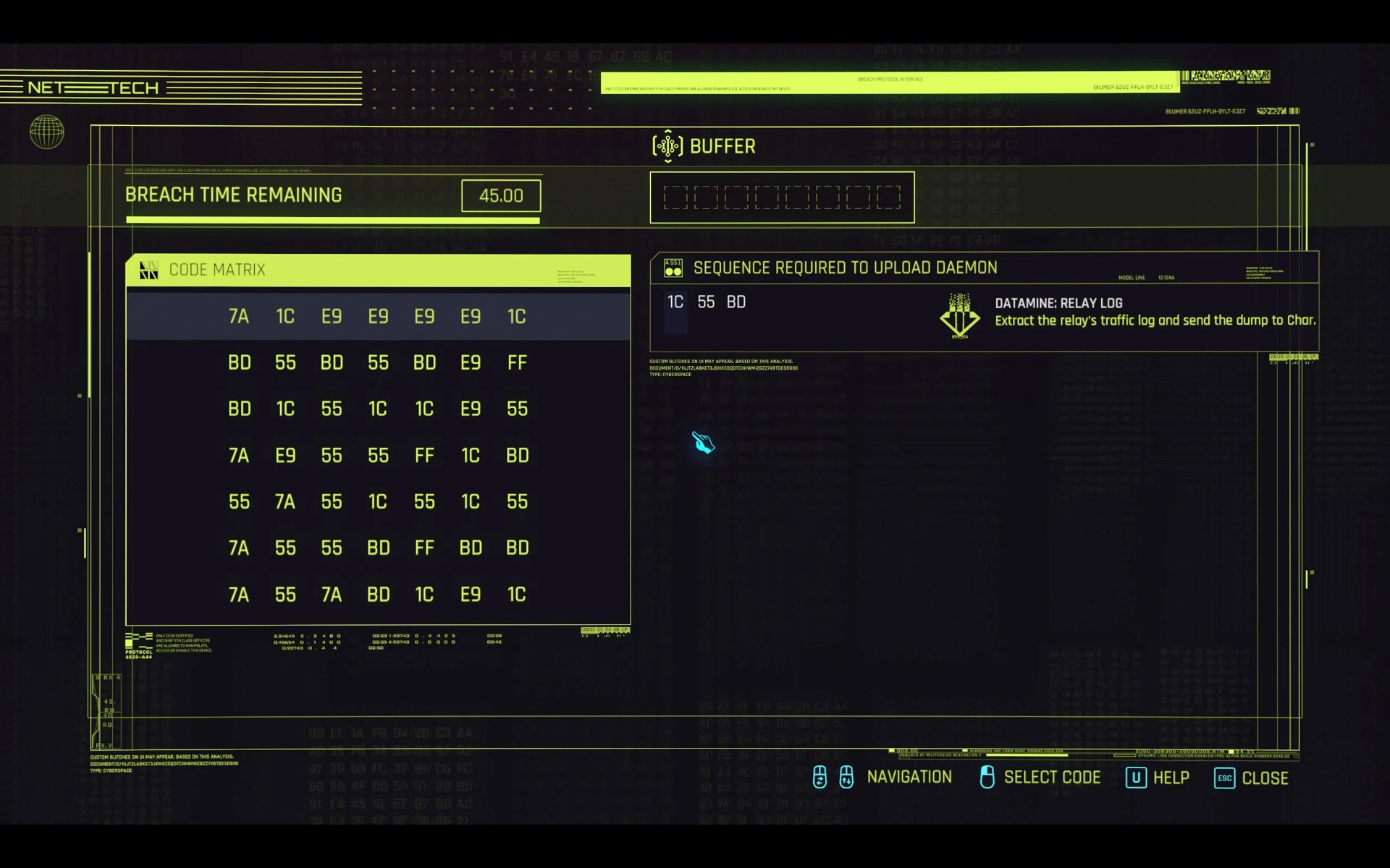 The Cyberpunk 2077 breach protocol code matrix running on the access point the Dead Ringer mod ships
