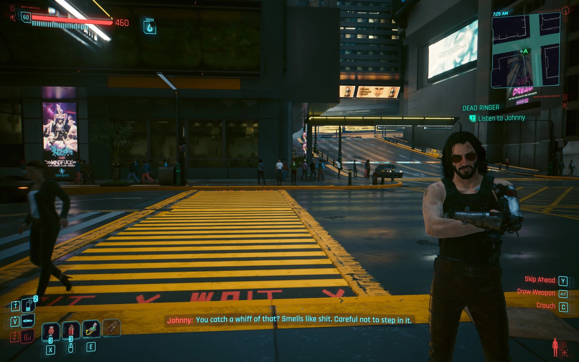 Cyberpunk 2077 quest mod Dead Ringer: Johnny Silverhand at a Japantown crossing, from the full gig video